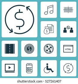 Set Of 12 Universal Editable Icons. Can Be Used For Web, Mobile And App Design. Includes Elements Such As Photo Camera, Report, Crotchets And More.