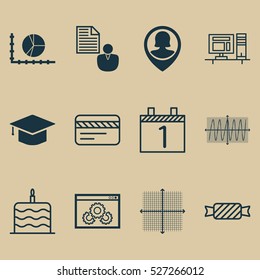 Set Of 12 Universal Editable Icons. Can Be Used For Web, Mobile And App Design. Includes Elements Such As Cosinus Diagram, Bank Card, Celebration Cake And More.