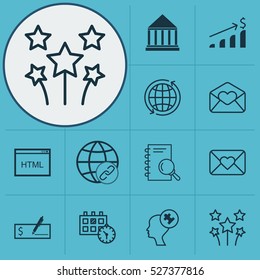 Set Of 12 Universal Editable Icons. Can Be Used For Web, Mobile And App Design. Includes Elements Such As Celebration Letter, Education Center, Analysis And More.