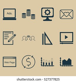 Set Of 12 Universal Editable Icons. Can Be Used For Web, Mobile And App Design. Includes Elements Such As Video Player, Celebration Letter, Measurement And More.