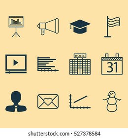Set Of 12 Universal Editable Icons. Can Be Used For Web, Mobile And App Design. Includes Elements Such As Video Player, Graduation, Manager And More.