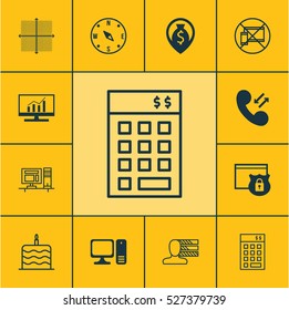 Set Of 12 Universal Editable Icons. Can Be Used For Web, Mobile And App Design. Includes Elements Such As Forbidden Mobile, Money Navigation, Graphical Grid And More.