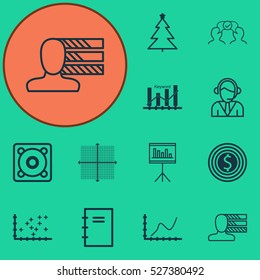 Set Of 12 Universal Editable Icons. Can Be Used For Web, Mobile And App Design. Includes Elements Such As Presentation, Spiral Notebook, Graphical Grid And More.