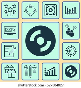 Set Of 12 Universal Editable Icons. Can Be Used For Web, Mobile And App Design. Includes Elements Such As Profit Graph, Blank Cd, Festive Fireworks And More.
