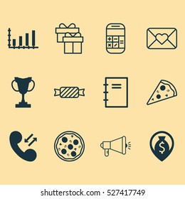 Set Of 12 Universal Editable Icons. Can Be Used For Web, Mobile And App Design. Includes Elements Such As Present, Calculation, Tournament And More.