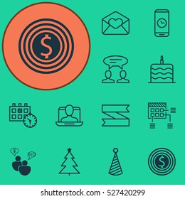Set Of 12 Universal Editable Icons. Can Be Used For Web, Mobile And App Design. Includes Elements Such As Social Profile, Greeting Email, Call Duration And More.