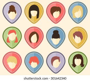 Set of 12 user icons for web sites and social networks. Women.