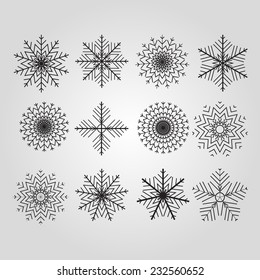The Set of 12 vector abstract snowflakes