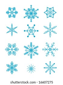 set of 12 vector blue snowflakes