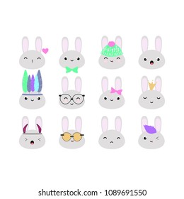 Set of 12 vector bunny heads with funny kawaii faces, perfect for scrapbooking, bullet journals, stickers, patches, etc.