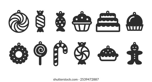 Set of 12 vector designs with sweet candies for earrings, pendant or keychain. Funny dessert jewelry silhouette laser cut templates. Cnc cutting with metal, wood or leather. Vector stencils