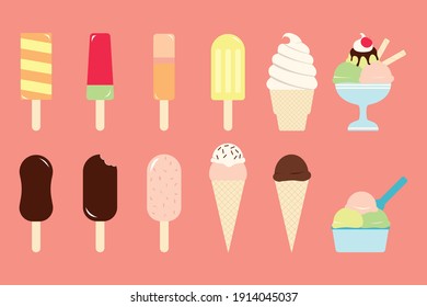 Set of 12 vector with different sweet ice creams isolated with a pink background.