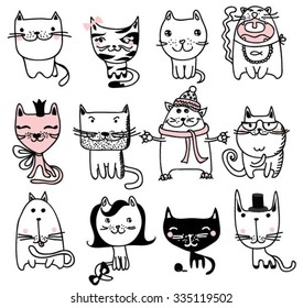 Set of 12 Vector doodle cute cats avatars