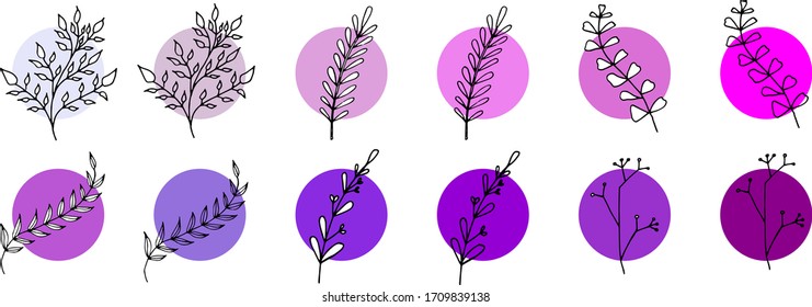 a set of 12 vector drawings of leaves, two in each variation, one with a cut-out area, the other without it. shades of purple