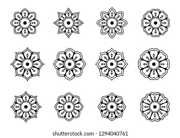 Set of 12 vector flower ornaments. Simple mandala shape. Henna.