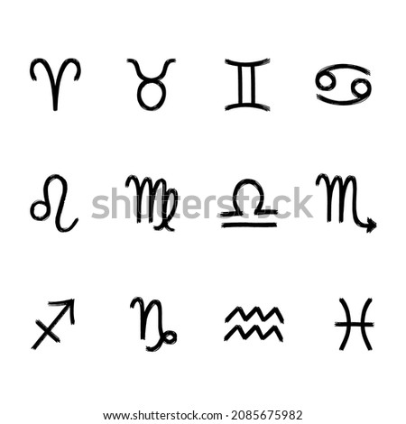 Set of 12 vector grunge zodiacal constellations. Collection of 12 zodiac signs. Aries, Taurus, Leo, Gemini, Virgo, Scorpio, Libra, Aquarius, Sagittarius, Pisces, Capricorn, Cancer.
