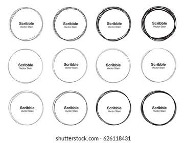 Set of 12 vector hand drawn circles using sketch drawing scribble circle lines. Doodle circular logo design elements.