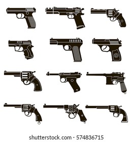 A set of 12 vector icons of black pistols and revolvers
