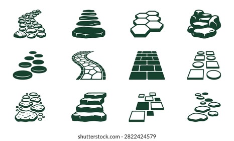 Set of 12 vector icons featuring various garden walkway designs such as stepping stones, curved cobblestone paths, brick paving patterns, hexagonal tiles, and stacked rock stairs.