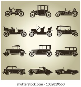 Set of 12 vector icons of vintage cars on a beige background