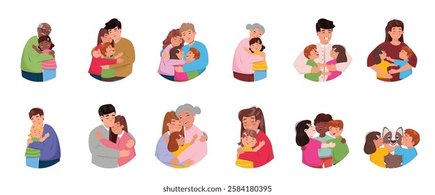 Set of 12 vector illustrations of people hugging family, friends, and pets, symbolizing love and connection