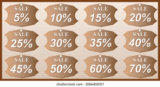 Set of 12 vector leather tags with discount percentages. Sale of goods. Price drop. Sale in the store.