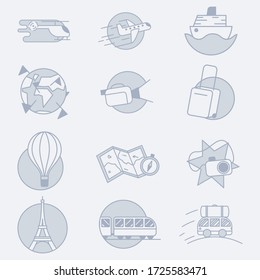 Set of 12 vector modern transport and vehicles related icons. It represents a concept of travelling, transportation, road adventures and fun journey. Can be used as a logo, icon, or label