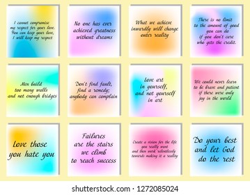 Set of 12 vector Motivation Inspiration Quotes about love. Ready to post in social media, brochure, magazine. 