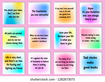 Set of 12 vector Motivation Inspiration Quotes. Ready to post in social media, brochure, magazine. 