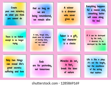Set of 12 vector Motivation Inspiration Quotes. Ready to post in social media, brochure, magazine