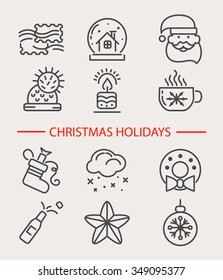 Set of 12 vector outline Christmas icons. Vector illustration of Winter celebration objects. Christmas and New Year elements for banners, postcards, flyers and other design.
