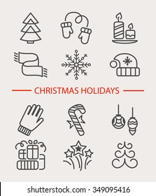 Set of 12 vector outline Christmas icons. Vector illustration of Winter celebration objects. Christmas and New Year elements for banners, postcards, flyers and other design.