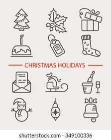 Set of 12 vector outline Christmas icons. Vector illustration of Winter celebration objects. Christmas and New Year elements for banners, postcards, flyers and other design.