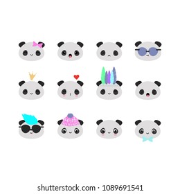 Set of 12 vector panda bears heads with funny kawaii faces, perfect for scrapbooking, bullet journals, banners, stickers, patches, etc.