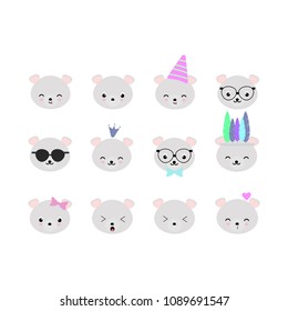 Set of 12 vector polar bears heads with funny faces, perfect for scrapbooking, banners, bullet journals, stickers, patches, etc.