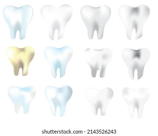 A set of 12 vector realistic teeth of different shapes and conditions: perfectly white, yellowish, normal, with caries. Design elements for dentistry, teeth whitening, dental care. 