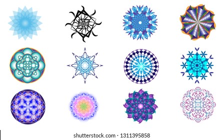 Set of 12 vector style ornament original  mandalas on white background