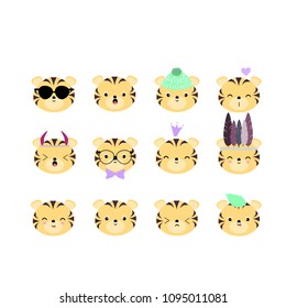 Set of 12 vector tigers heads with funny kawaii faces, good for scrapbooking, bullet journals, stickers, patches, etc.