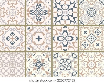 Set of 12 vector tile patterns, Lisbon floral mosaic, seamless traditional ornaments