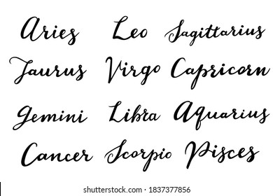 Set of 12 vector zodiac signs with titles elegant hand lettering.  Aries, Taurus, Leo, Gemini, Virgo, Scorpio, Libra, Aquarius, Sagittarius, Pisces, Capricorn, Cancer.