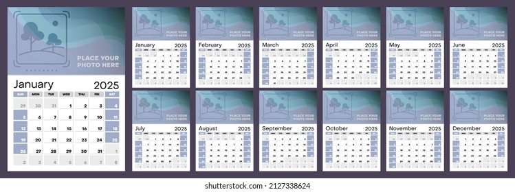 Set of 12 vertical calendar pages for 2025 in blue shades with place for photo. Vector design template. Week starts on Sunday.