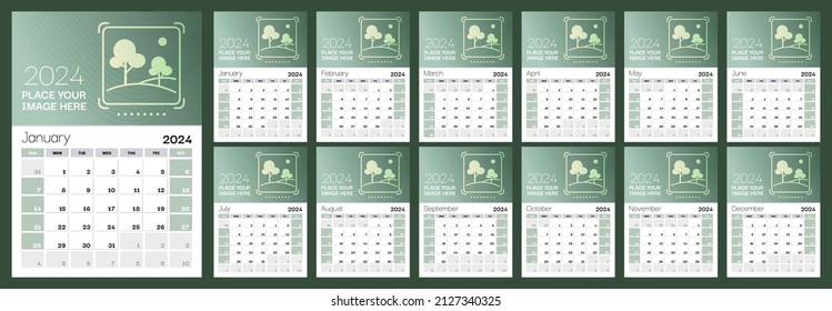 Set of 12 vertical calendar pages for 2024 in green shades with place for photo. Vector design template. Week starts on Sunday.