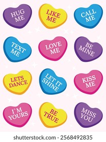 A set of 12 vibrant candy heart vectors with cute phrases like "Be Mine" and "Love Me." Perfect for Valentine’s cards, crafts, party decor, social media, merchandise, and DIY projects.