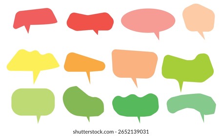 Un conjunto de 12 vibrantes iconos de la burbuja del discurso en estilos variados del color. Ideal para App de chat, plataformas de mensajería, notificaciones y diseños modernos de UI UX.
