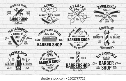 Set of 12 vintage barbershop logos, emblems, labels, badges. Isolated on white background. Vector Retro prints for Haircut's salon, T-shirt, typography. 