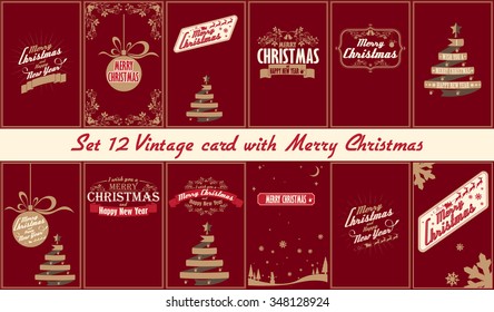 Set 12 Vintage card with Merry Christmas. Calligraphic And Typographic. Retro color.