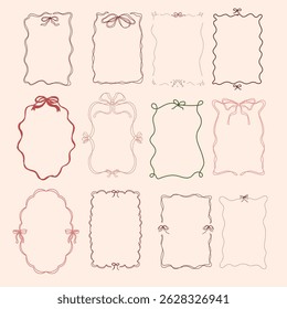 Set Of 12 Vintage Coquette Aesthetic Hand Drawn Ribbon Frame With Bow Doodle Whimsical Style Isolated Vector Design