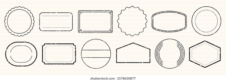 Set of 12 vintage label frames. Includes oval, rectangular, circular, and hexagonal shapes. Ideal for vintage, retro, and classic design projects. Black blank stamps, vector set.