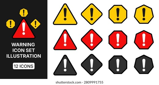 A set of 12 warning icons in various shapes and colors including red, yellow, and black on white background