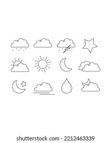 Set of 12 weather web icons in line style. Weather , clouds, sunny day, moon, snowflakes, wind, sun day. Vector illustration. Perfect for coloring book, textiles, icon, web, painting, books, t-shirt.